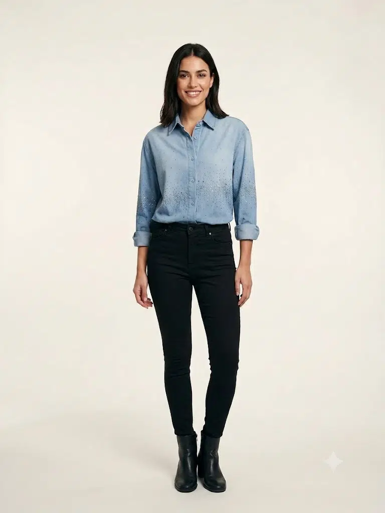 ASSO Taş İşlemeli Mavi Denim Gömlek 2582 - MAVİ
