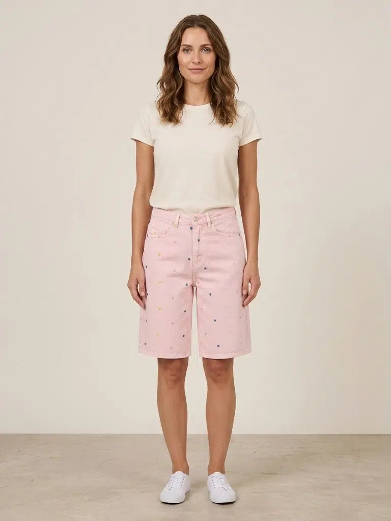 ASSO Mini Benek Nakışlı Jean Şort 39-3 - PEMBE