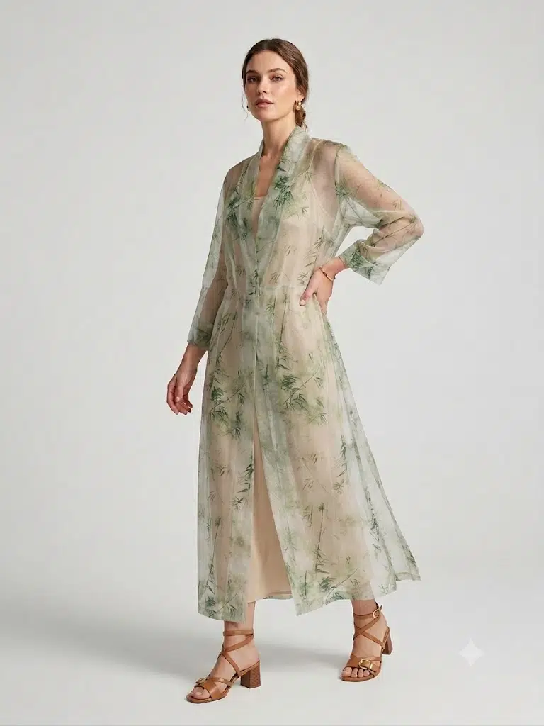 BIZE FASHION Bambu Desenli Transparan Tül Kimono Elbise 1124 - EKRU