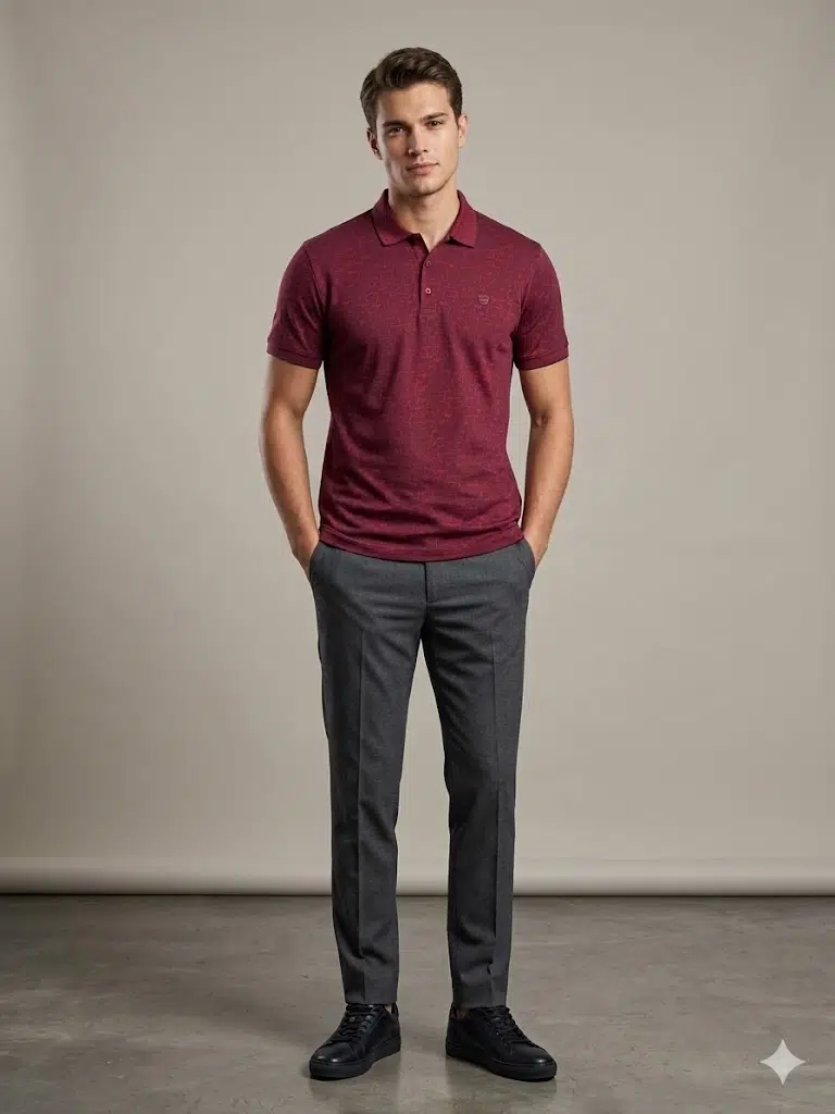 Centilmen Erkek Kendinden Desenli Polo Yaka Kısa Kollu T-Shirt 2417502 - BORDO