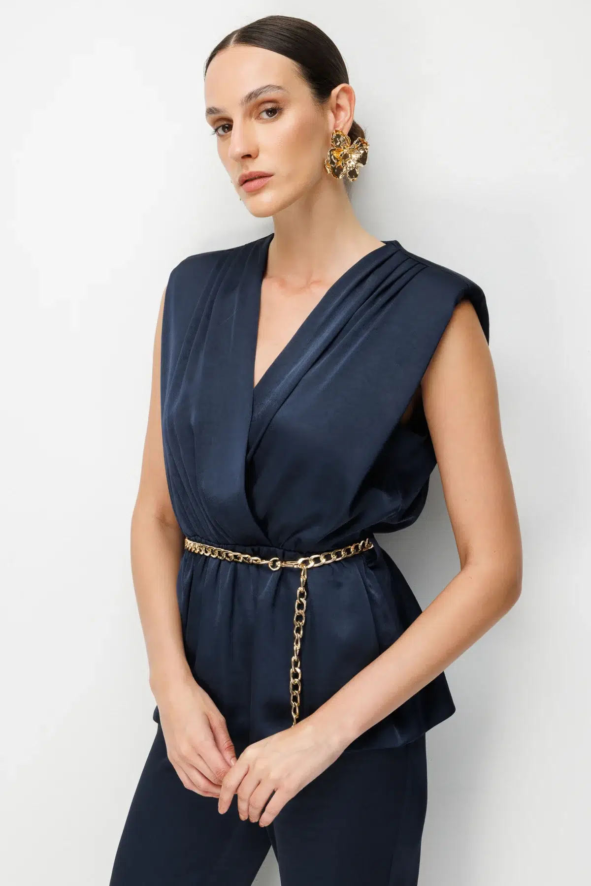 EKOL Beli Zincirli Drapeli Bluz 2428 - LACİVERT