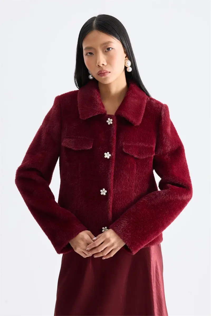 EKOL İnci Detaylı Peluş Mont 8001 - BORDO