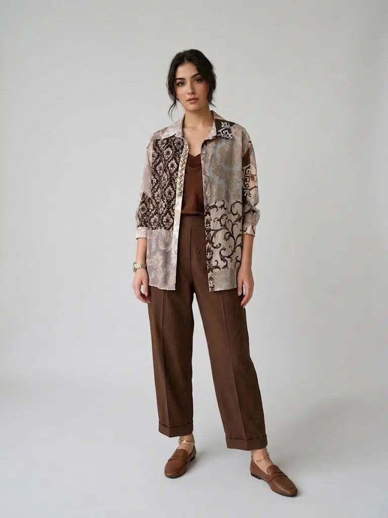 FABE GIO Vintage Patchwork Gömlek ve Kahverengi Duble Paça Pantolonlu Takım 1303665-B - KAHVE