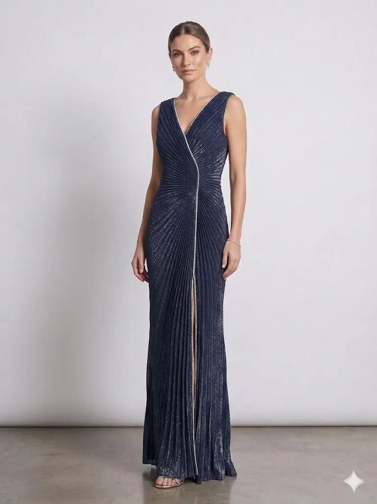 FOR COSTUME Simli V Yaka Abiye Elbise 0759 - LACİVERT