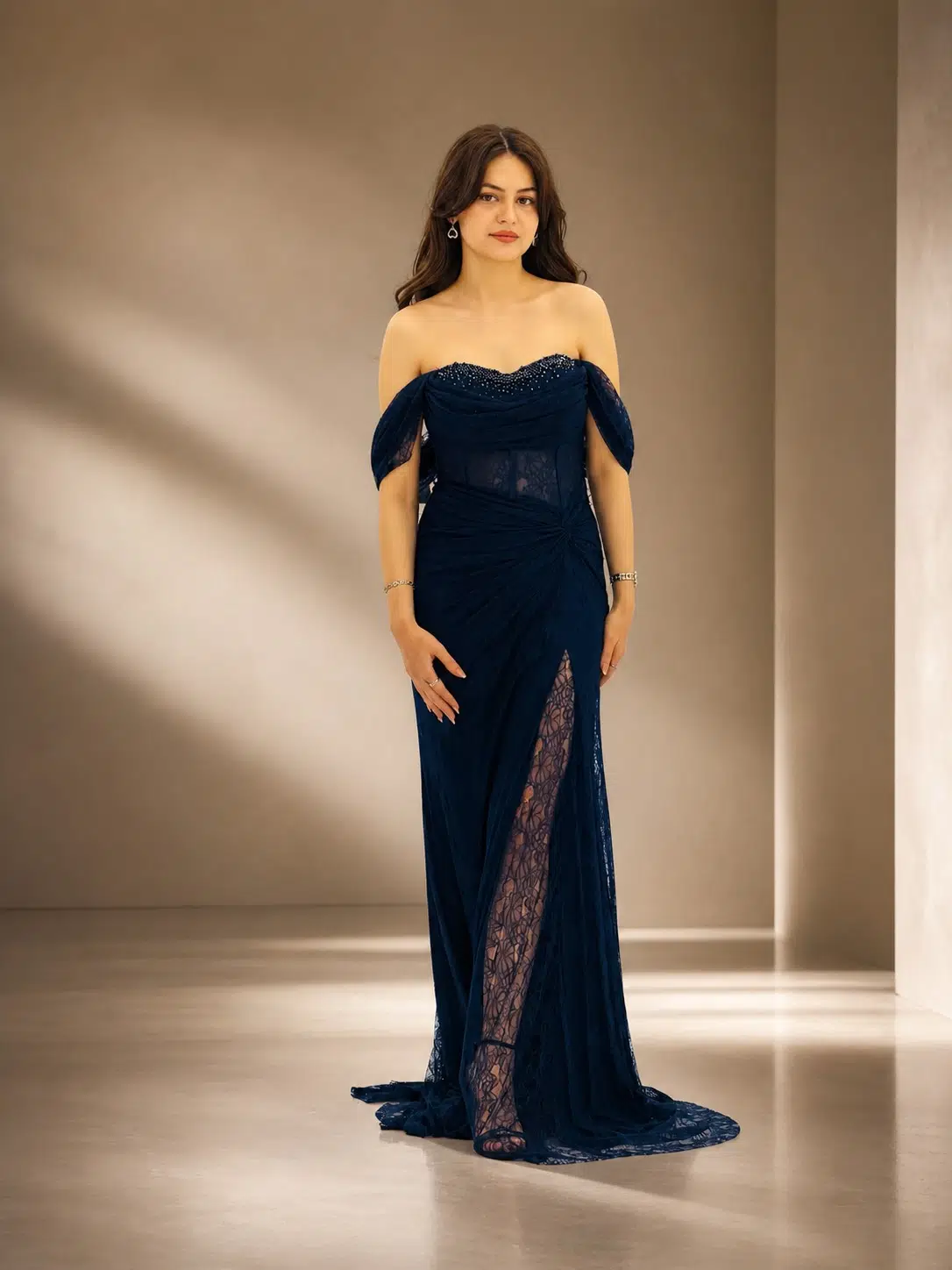 FOR COSTUME Dantel Detaylı Abiye 10534 - LACİVERT