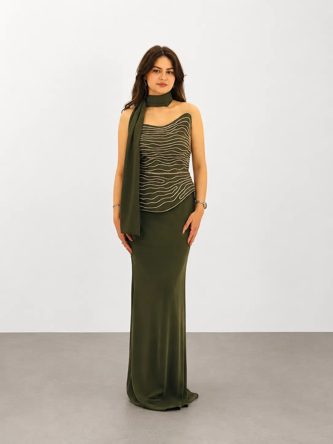 FOR COSTUME Taş İşlemeli Abiye Elbise 10546 - HAKİ
