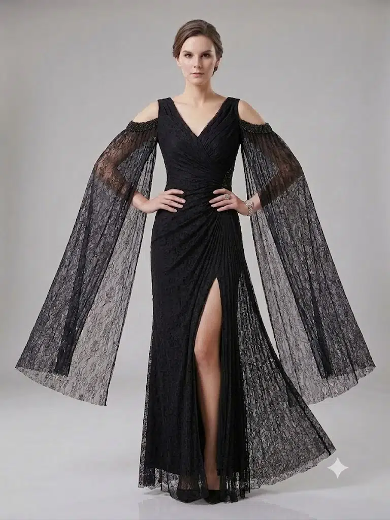 FOR COSTUME Kadın Dantel Detaylı Uzun Kollu Yırtmaçlı Abiye Elbise 0837 - SİYAH