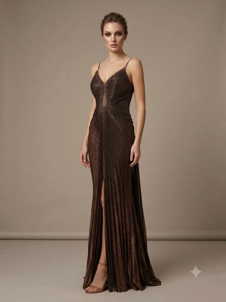 FOR COSTUME Işıltılı Pileli Yırtmaçlı Abiye Elbise 10206 - BAKIR