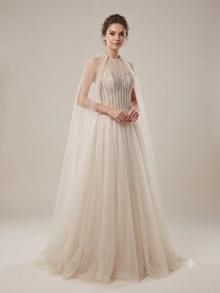 FOR COSTUME Taş İşlemeli Pelerinli Tül Abiye Elbise 10523 - TAŞ