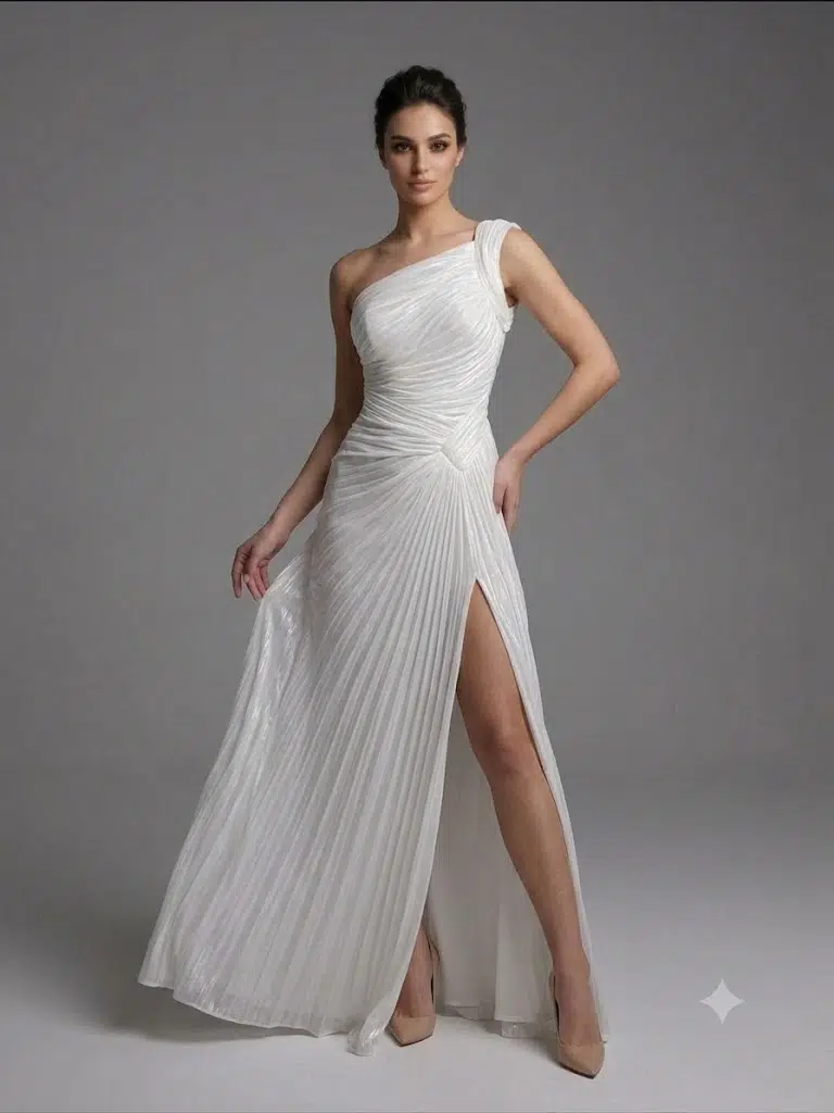 FOR COSTUME Tek Omuz Drape Detaylı Yırtmaçlı Abiye 9558 - KEMİK