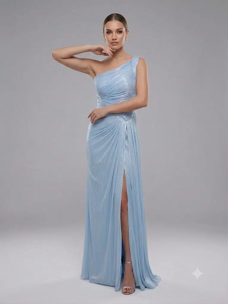 FOR COSTUME Tek Omuz Drape Detaylı Yırtmaçlı Abiye 9558 - MAVİ
