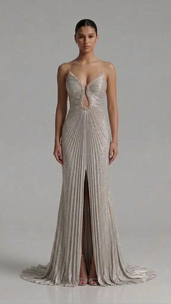 FOR COSTUME Işıltılı Pileli Yırtmaçlı Abiye Elbise 10206 - VİZON