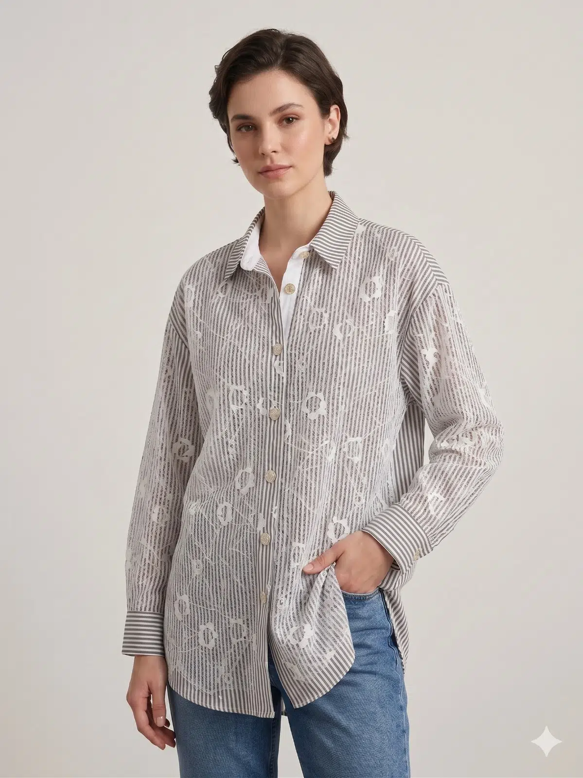 GHİSA Dantel Detaylı Çizgili Tunik 4316 - KAHVE