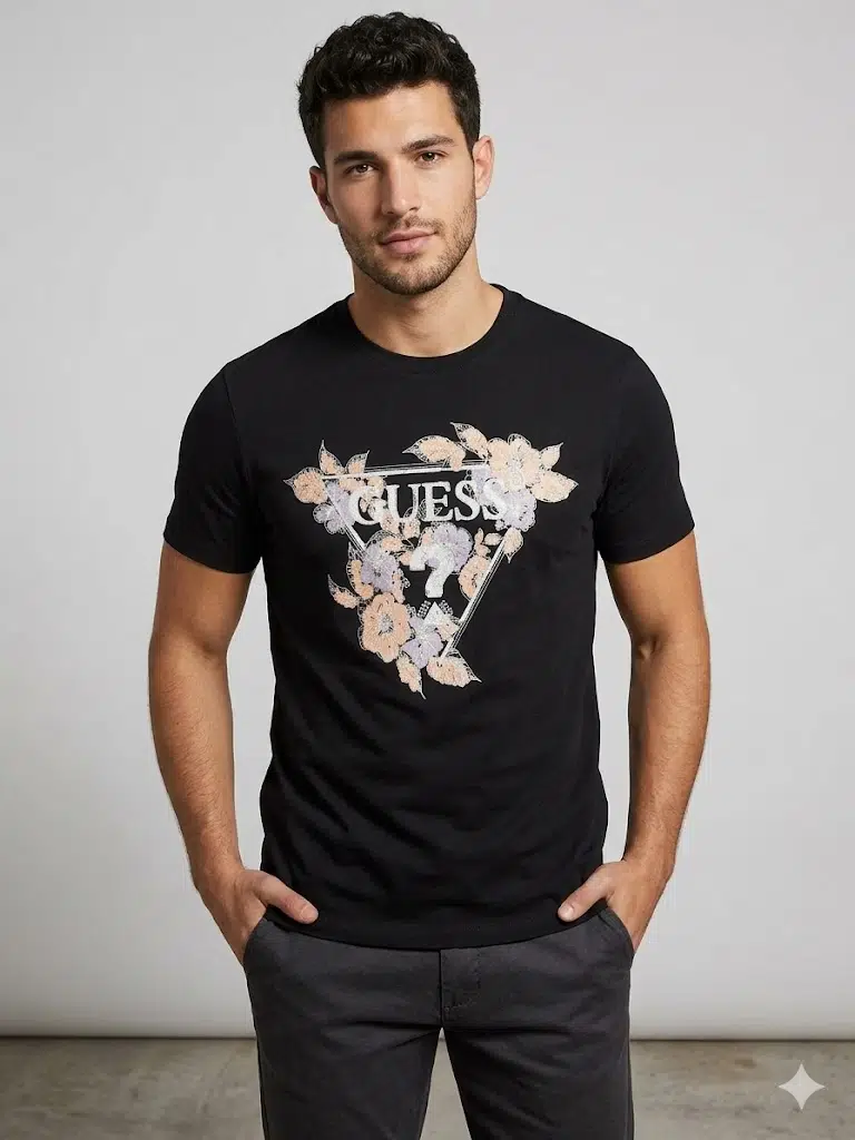 GUESS Erkek Baskılı Kısa Kollu Bisiklet Yaka T-Shirt M4GI11I3Z14 - SİYAH
