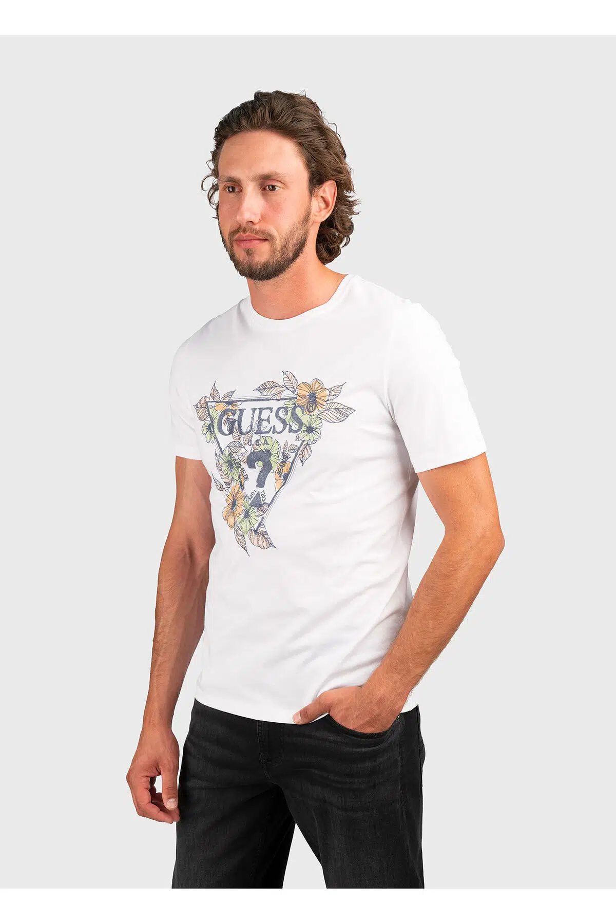 GUESS Erkek Baskılı Kısa Kollu Bisiklet Yaka T-Shirt M4GI11I3Z14 - BEYAZ