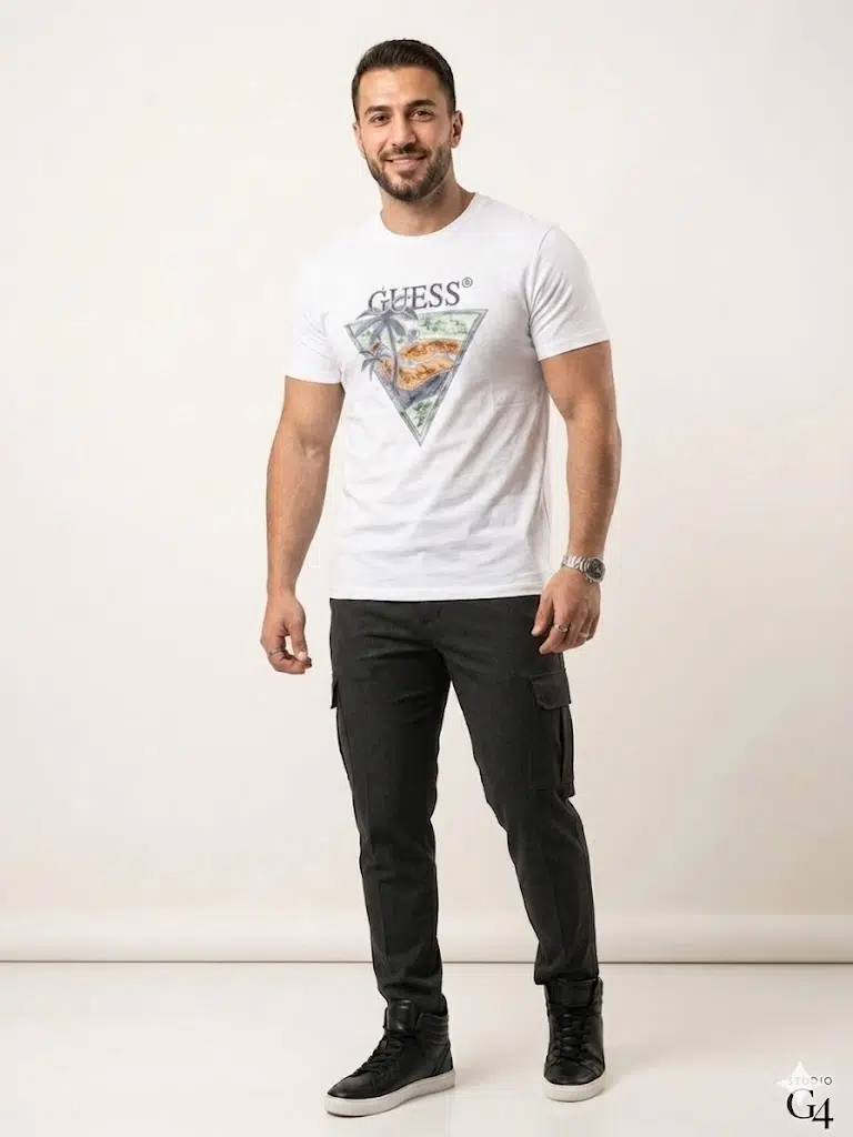 GUESS Erkek Baskılı Bisiklet Yaka T-Shirt M4GI16I3Z14 - BEYAZ