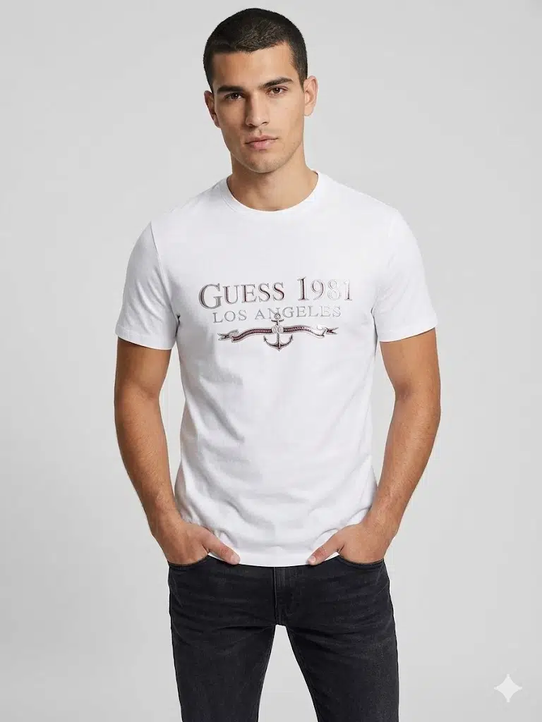 GUESS Erkek Bisiklet Yaka Yazı Baskılı Kısa Kollu Tişört M4GI27J1314 - LACİVERT