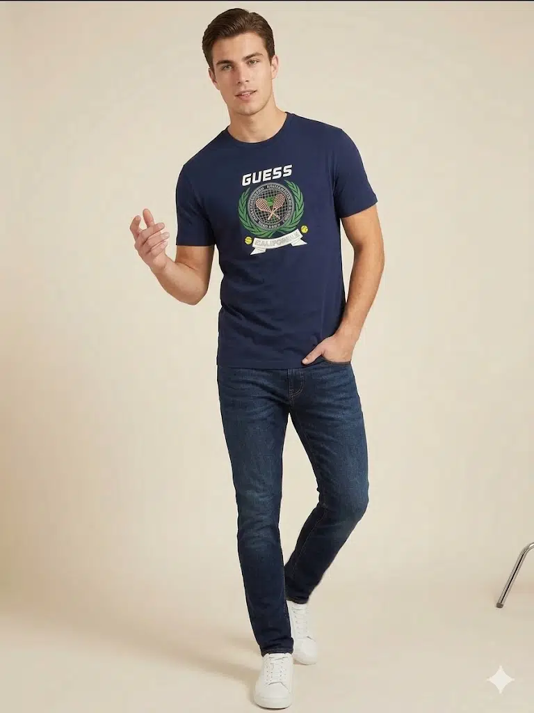 GUESS Erkek Bisiklet Yaka Logolu Tenis Baskılı Slim Fit T-Shirt Z6GI16K3206 - MAVİ