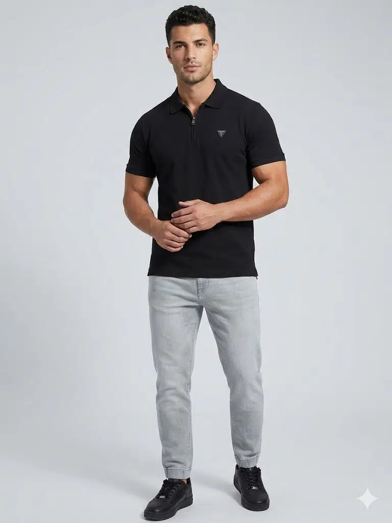 GUESS Erkek Fermuar Detaylı Polo Yaka Kısa Kollu T-Shirt M4YR00Z3DM0 - SİYAH