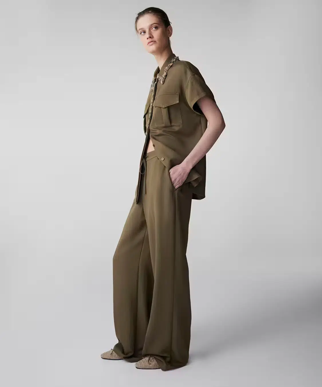 İPEKYOL Wide Leg Fit Belden Bağlamalı Pantolon IS1260003130 - HAKİ