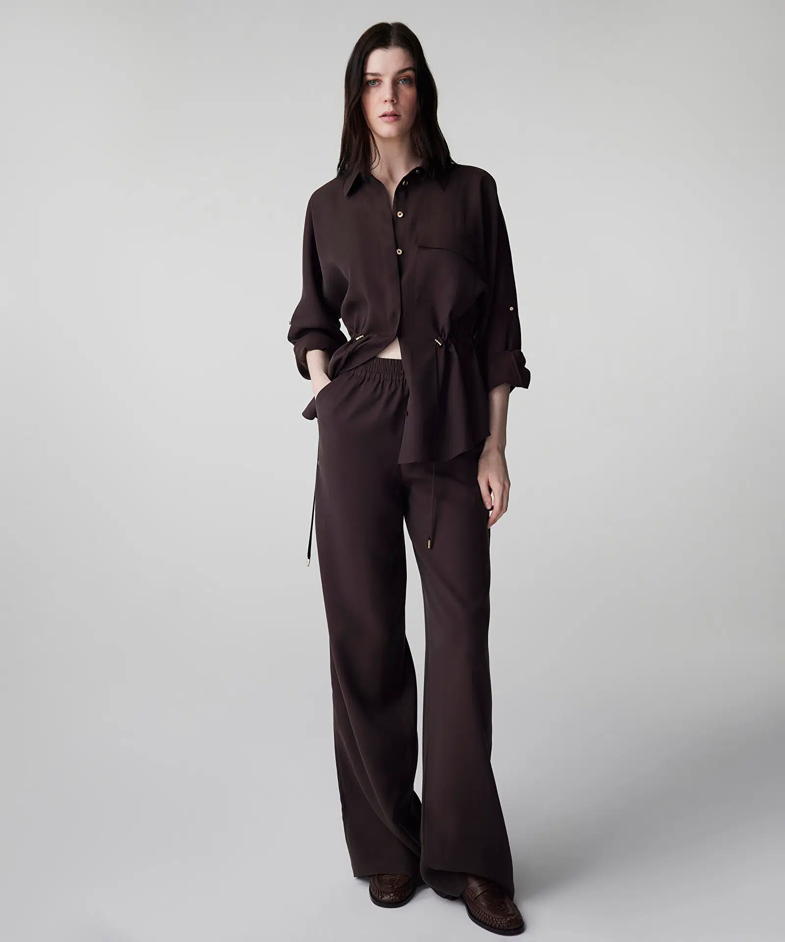 İPEKYOL Elastik bel wide leg fit pantolon IS1260003156 - KAHVE