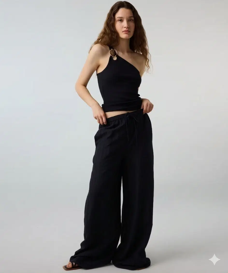 İPEKYOL Çizgili Wide Leg Pantolon IS1260003193 - SİYAH