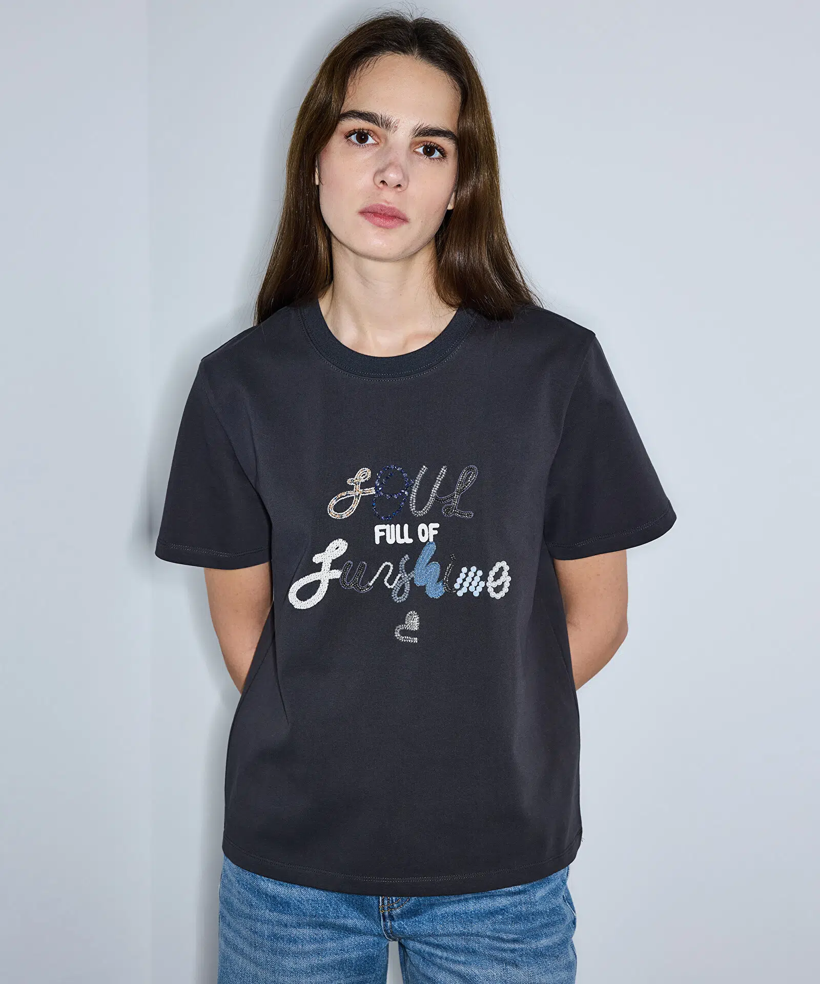 İPEKYOL Slogan Nakışlı T-shirt IS1260070103 - ANTRASİT