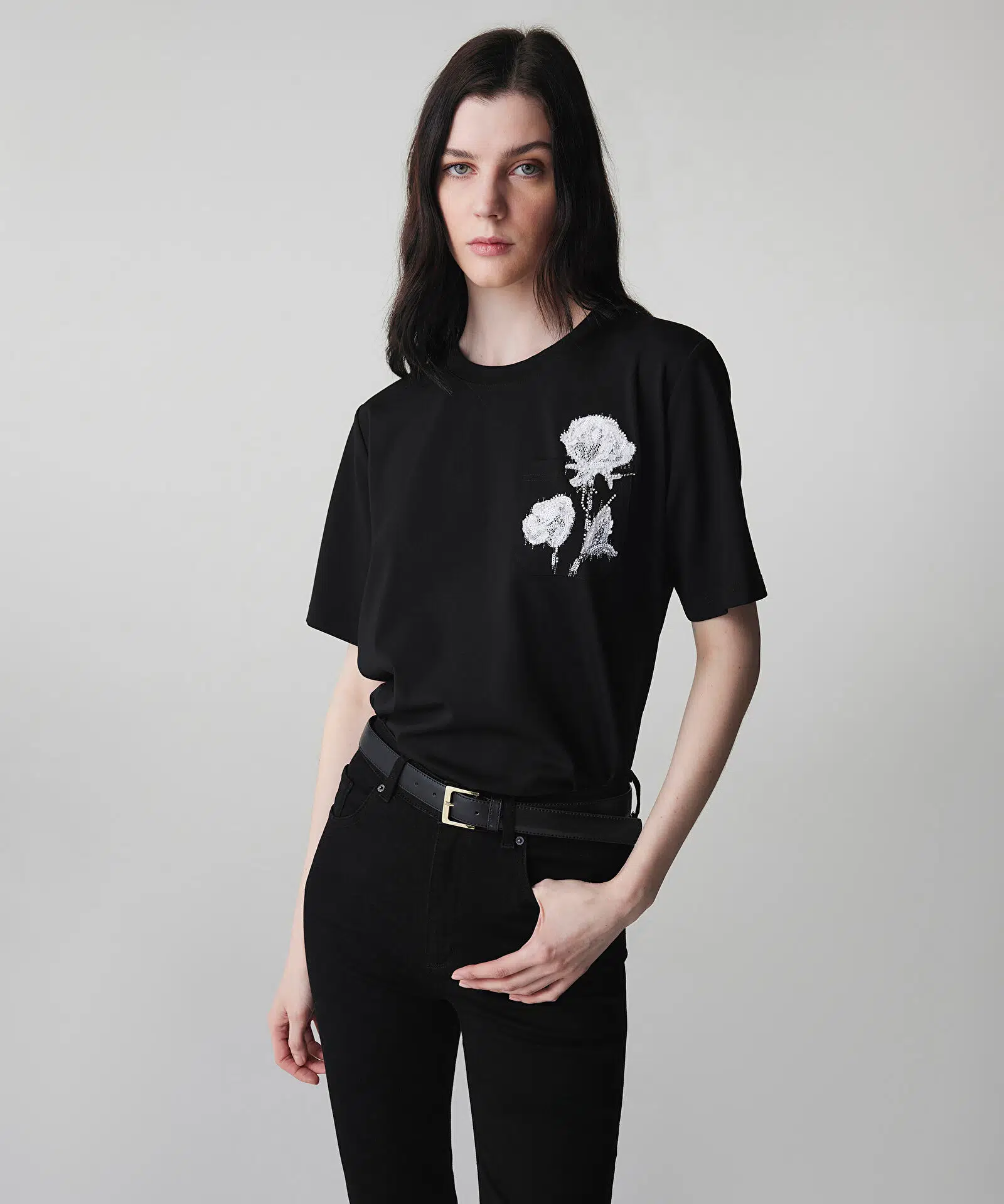 İPEKYOL Üç Boyutlu Nakışlı T-shirt IS1260070105 - SİYAH