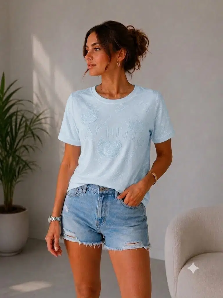 IT'S BASIC Nakışlı Taşlı Tişört 5120 - MAVİ
