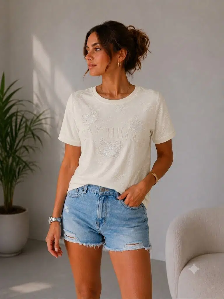 IT'S BASIC Nakışlı Taşlı Tişört 5120 - BEYAZ