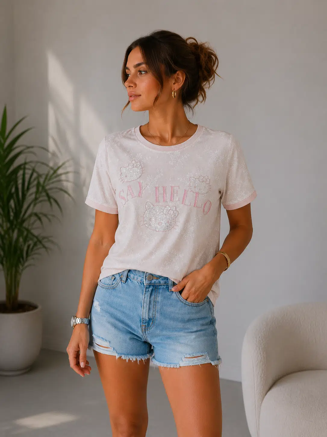 IT'S BASIC Nakışlı Taşlı Tişört 5120 - PEMBE