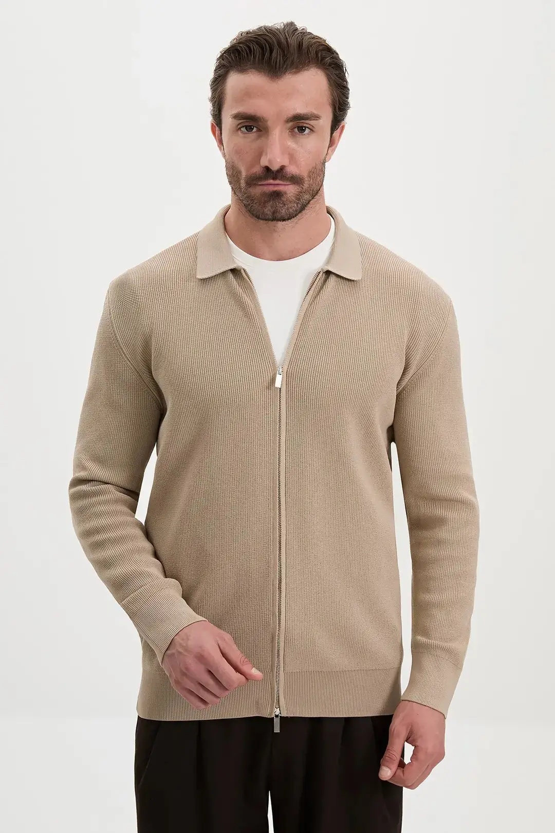 CENTİLMEN Düz Slim Fit Gömlek Yaka Fermuarlı Pamuk Erkek Triko Hırka 11252 - BEJ