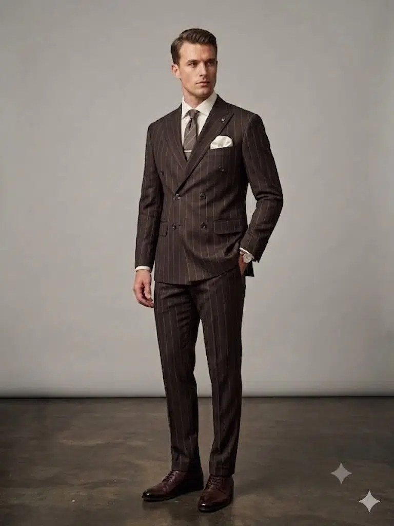 MCR Erkek Slim Fit Çizgili Kruvaze Takım Elbise 45426 - KAHVE