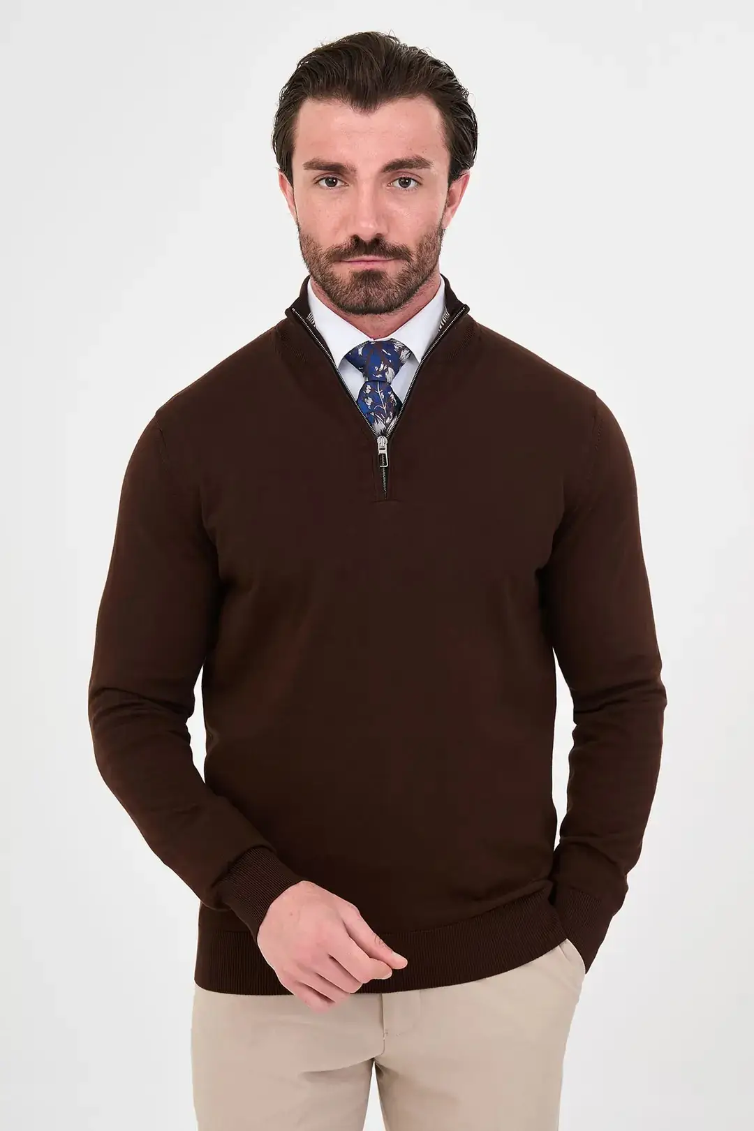 CENTİLMEN Düz Slim Fit Dik Yaka Fermuarlı Pamuk Erkek Triko Kazak 11607 - KAHVE