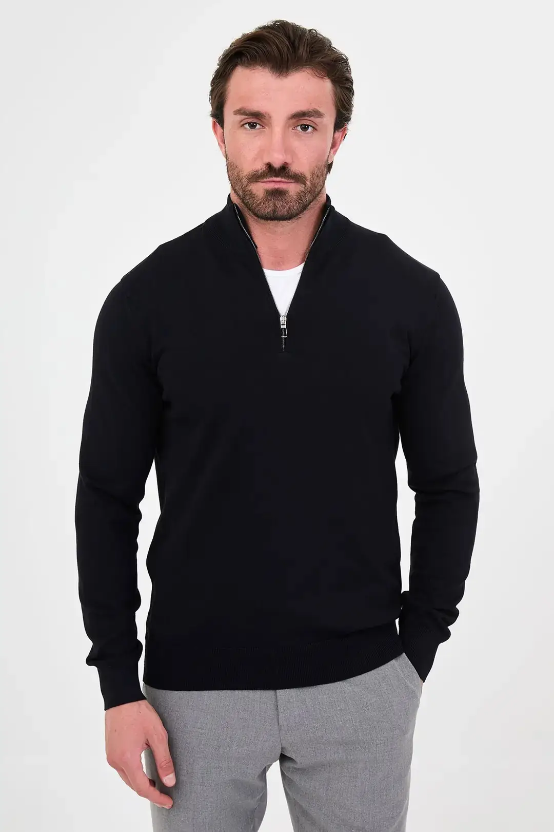 CENTİLMEN Düz Slim Fit Dik Yaka Fermuarlı Pamuk Erkek Triko Kazak 11607 - LACİVERT