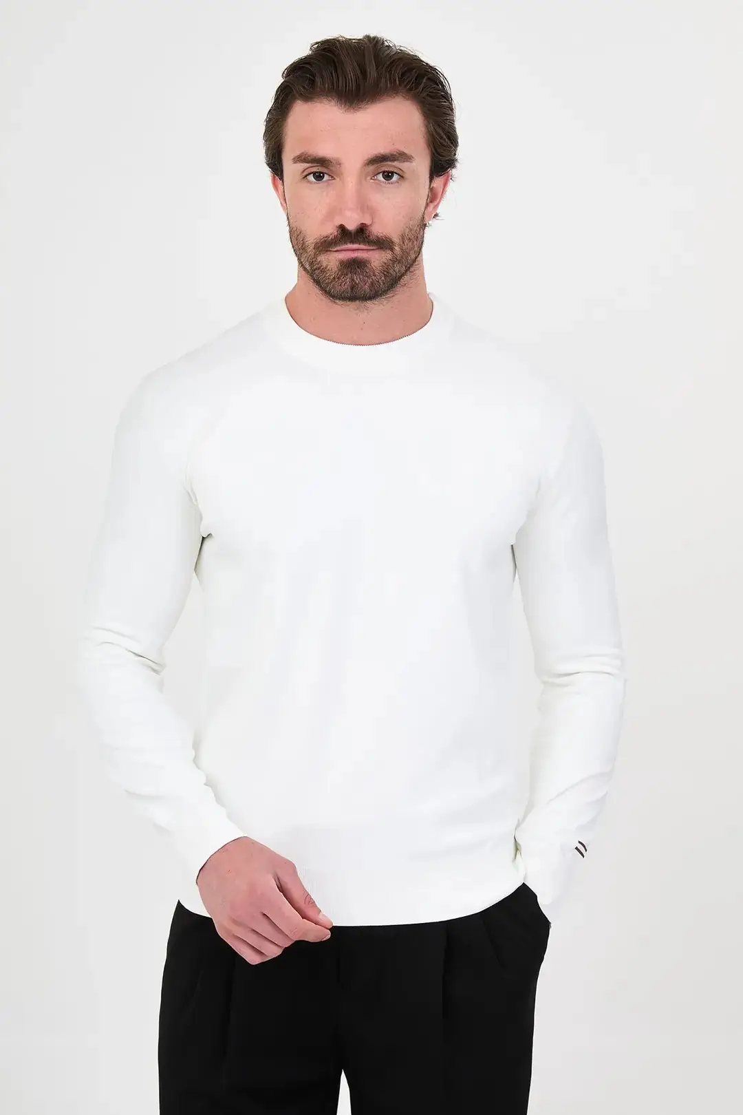 CENTİLMEN Düz Slim Fit Bisiklet Yaka Pamuk Erkek Triko Kazak 11620 - EKRU
