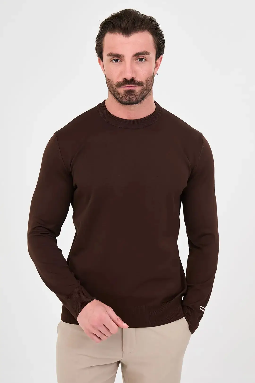 CENTİLMEN Düz Slim Fit Bisiklet Yaka Pamuk Erkek Triko Kazak 11620 - KAHVE