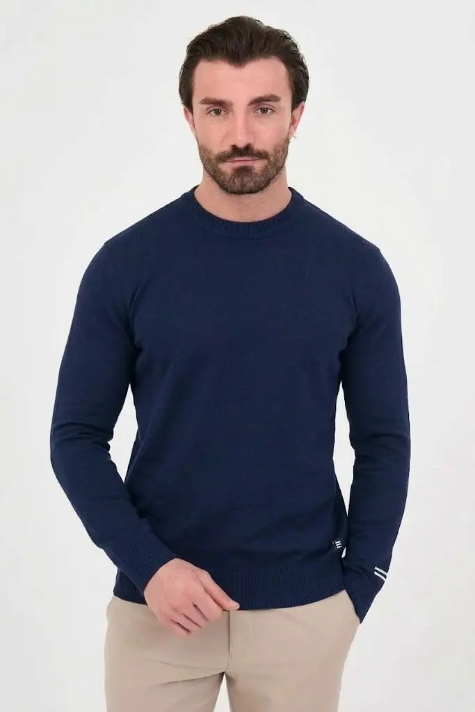 CENTİLMEN Düz Slim Fit Bisiklet Yaka Pamuk Erkek Triko Kazak 11620 - LACİVERT