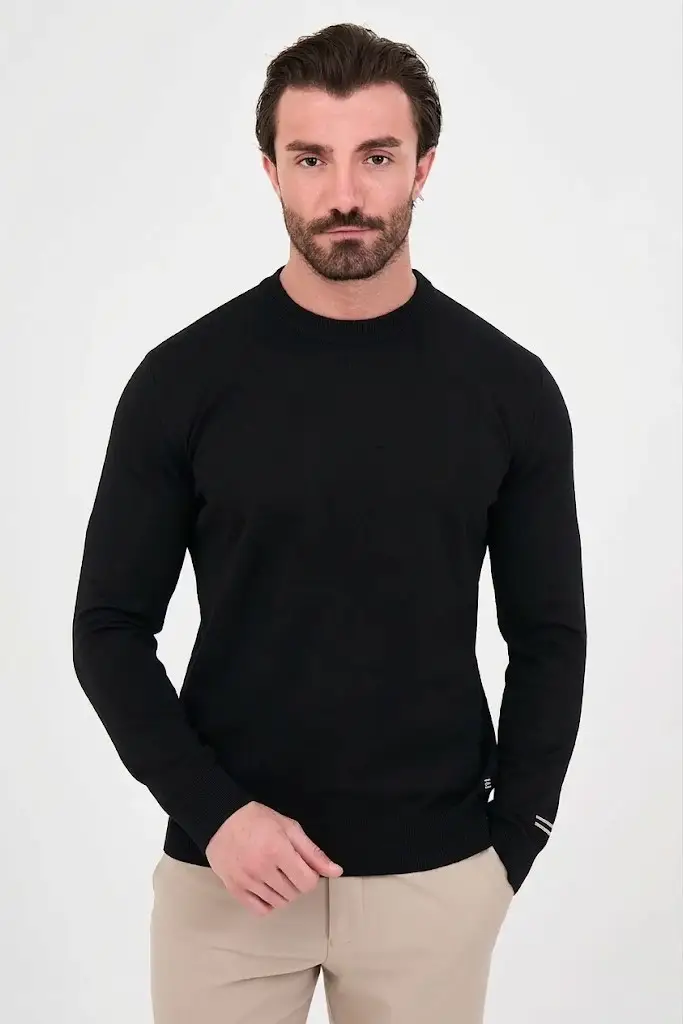 CENTİLMEN Düz Slim Fit Bisiklet Yaka Pamuk Erkek Triko Kazak 11620 - SİYAH