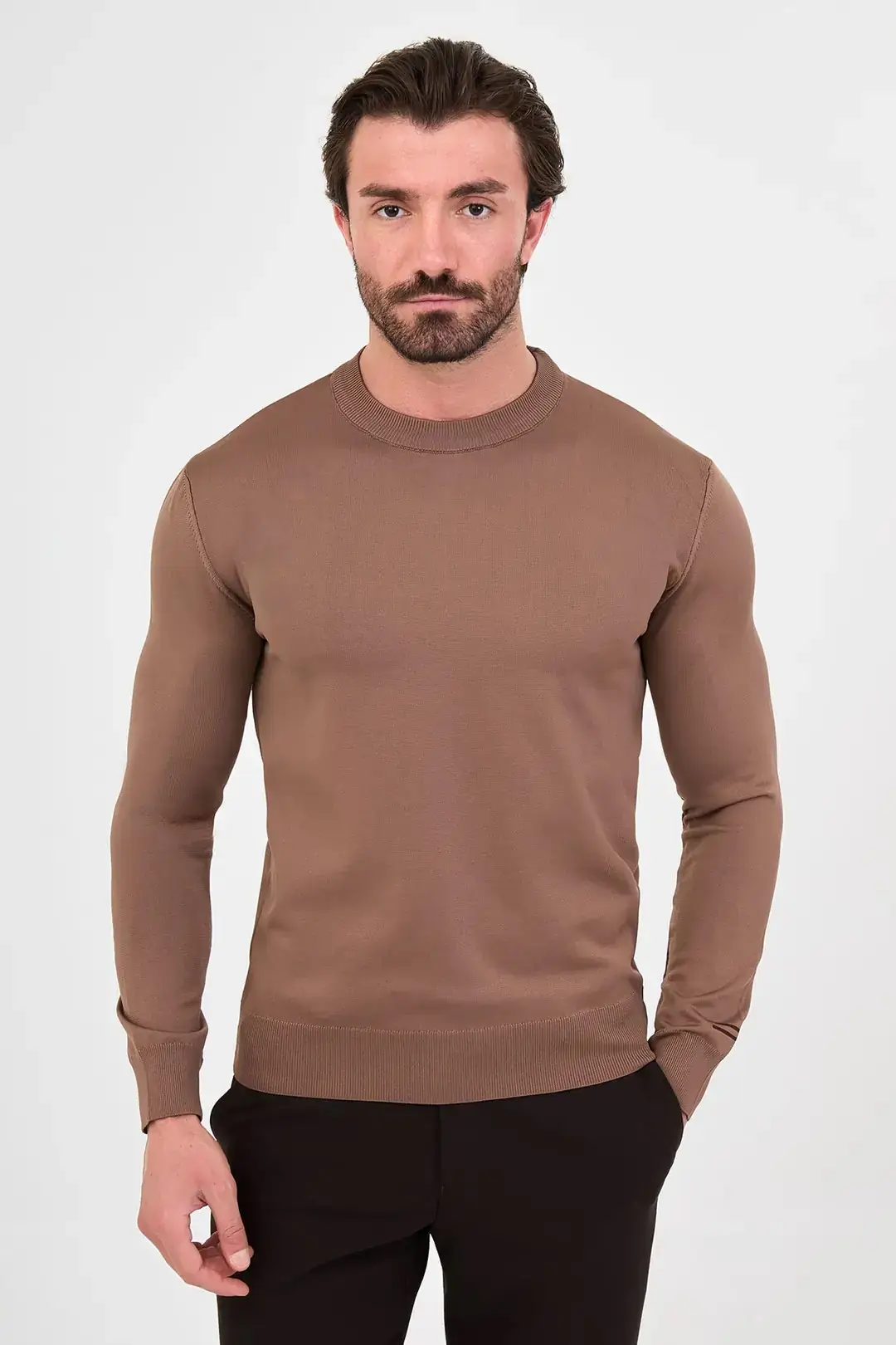 CENTİLMEN Düz Slim Fit Bisiklet Yaka Pamuk Erkek Triko Kazak 11620 - TAŞ