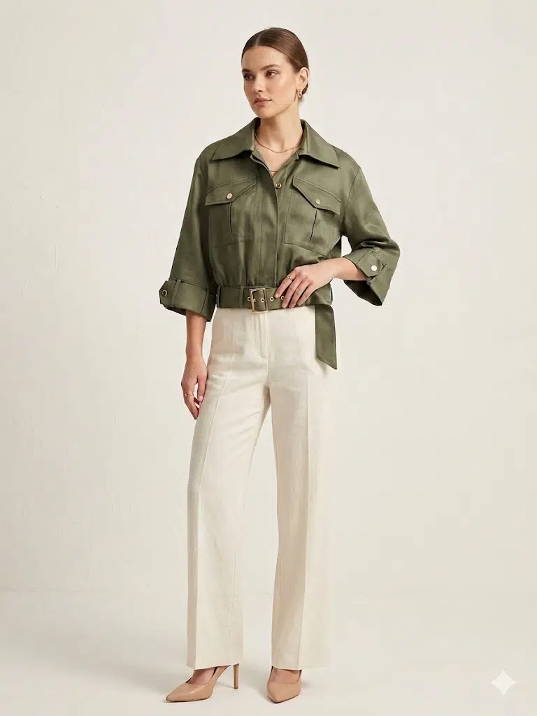 NAAR Kargo Cepli Kemerli Crop Ceket 32620 - HAKİ