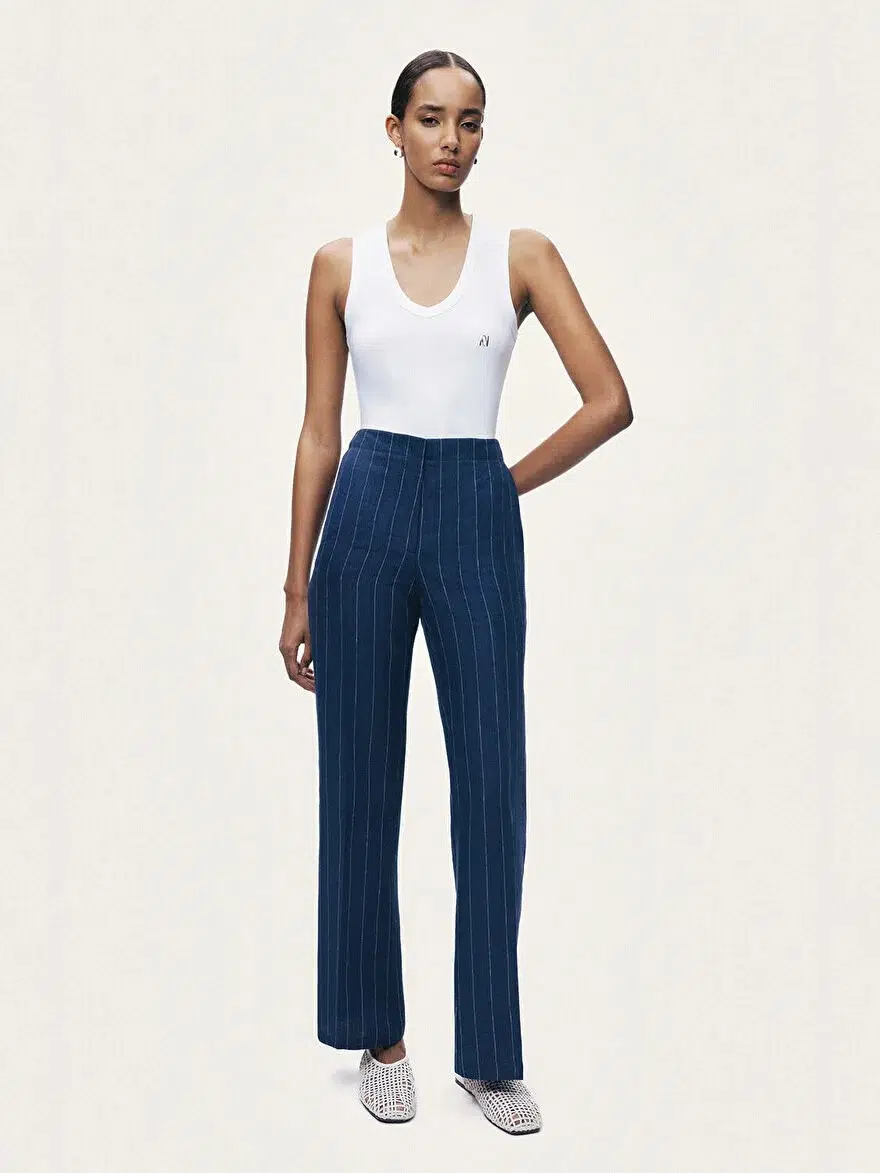 NOCTURNE Çizgili Geniş Paça Pantolon 3520 - LACİVERT