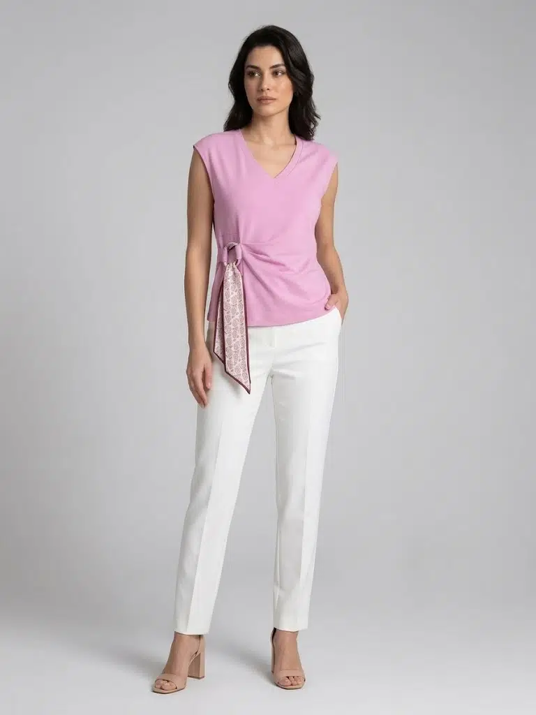 ON TRİKO Beli Bağlamalı V Yaka Bluz 71431 - PEMBE