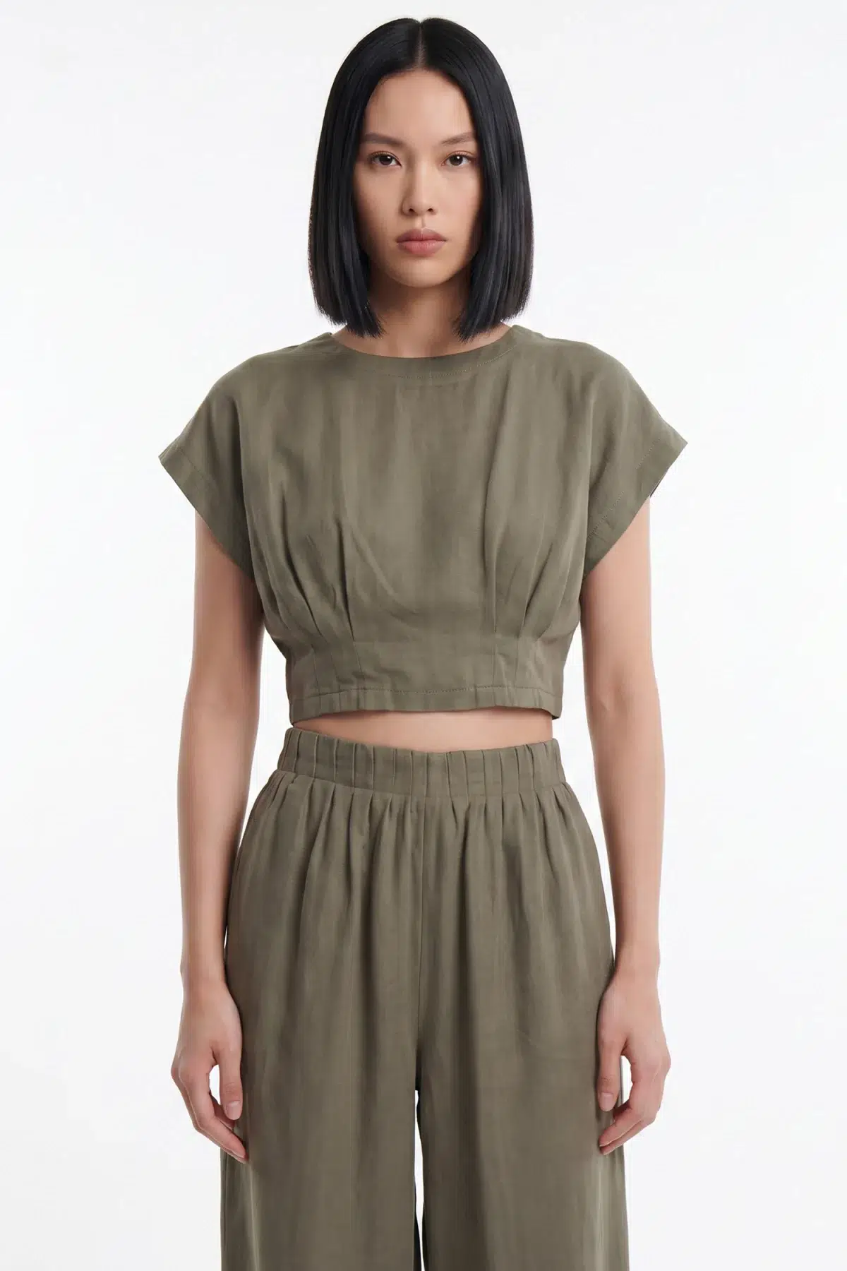 ON TRİKO Pile Detaylı Crop Bluz 74448 - TABA