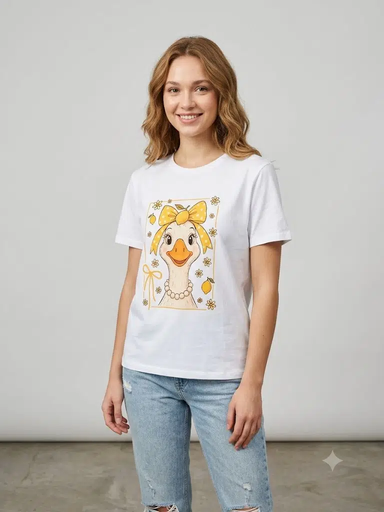 ONİX Pamuklu Bisiklet Yaka Ördek ve Limon Baskılı T-Shirt 2226-131 - BEYAZ