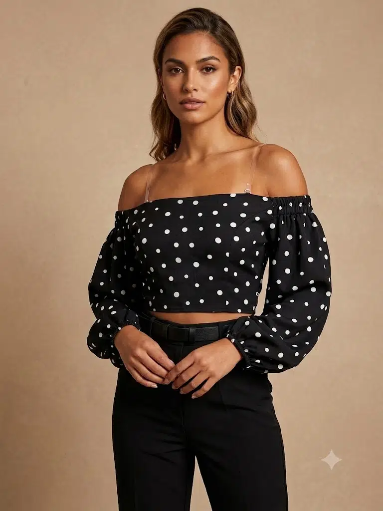 UNIQUE Puantiyeli Düşük Omuz Crop Bluz 247019 - SİYAH