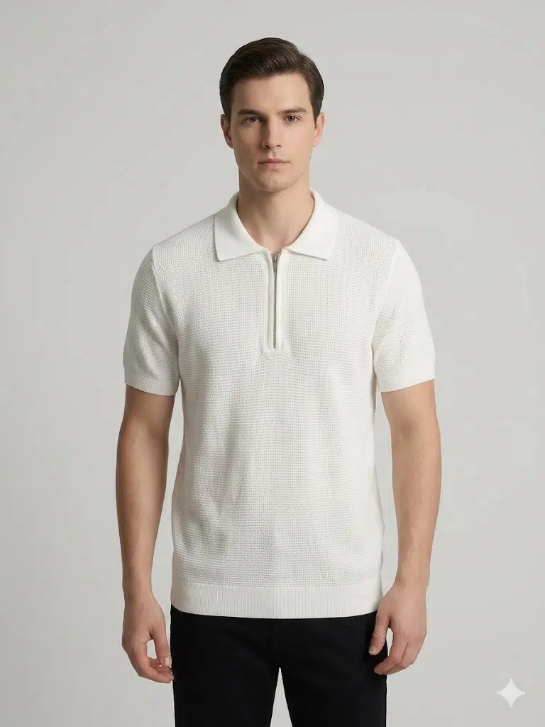 VAGANZA Fermuarlı Polo Yaka Dokulu Kısa Kollu Triko T-Shirt 4083 - EKRU