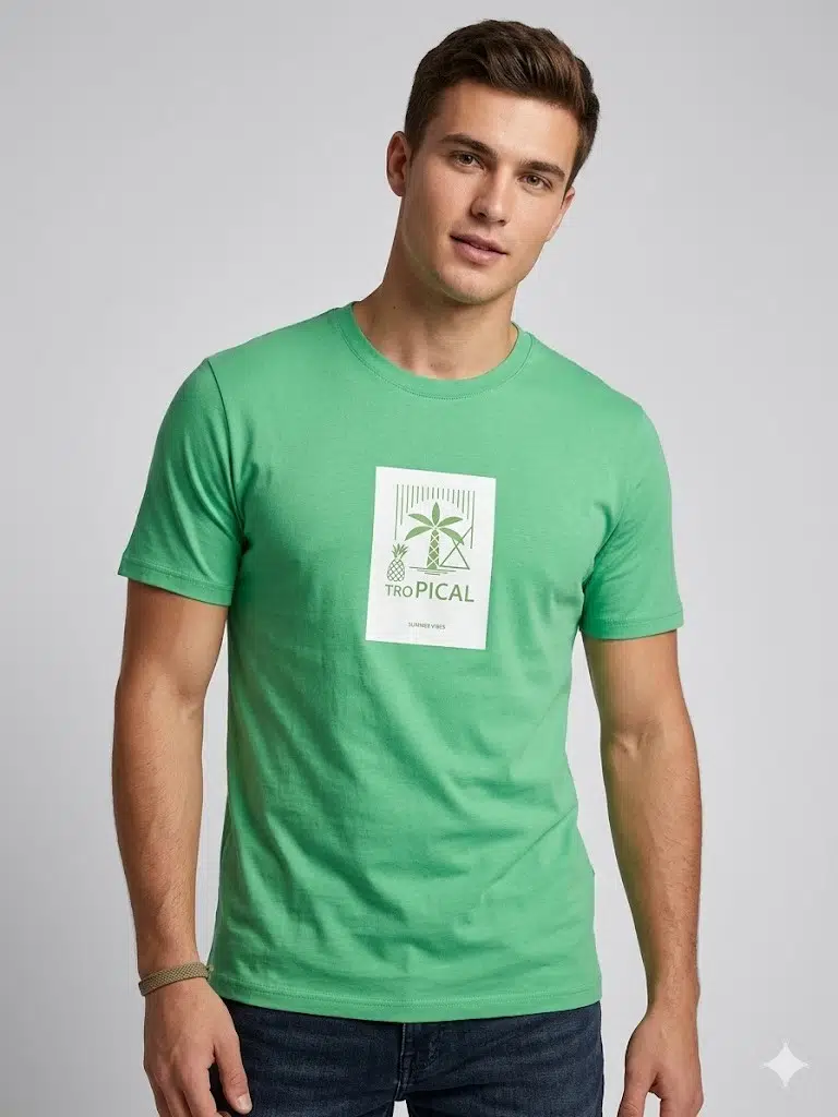 XINT Erkek Yeşil Tropical Baskılı Bisiklet Yaka Basic T-Shirt 502096 - YEŞİL